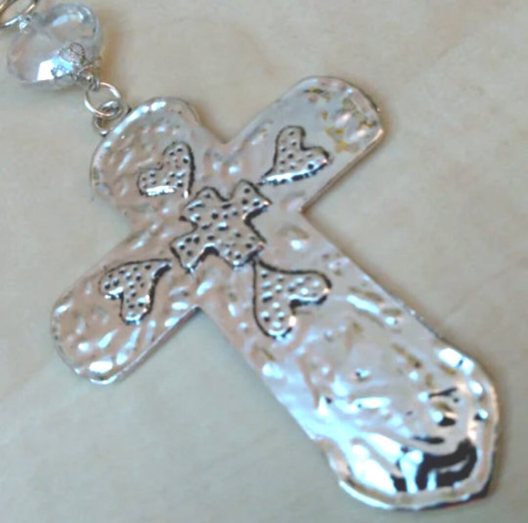 Cross Rearview Mirror Charm, Big Cross With Hearts Rearview Charm