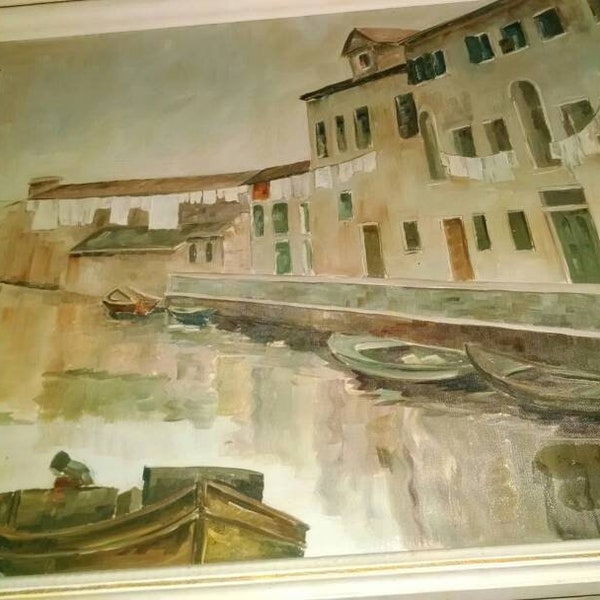 Venice canal scene mid century oil painting on canvas with original frame 30 x 22 signed O'Gorman.