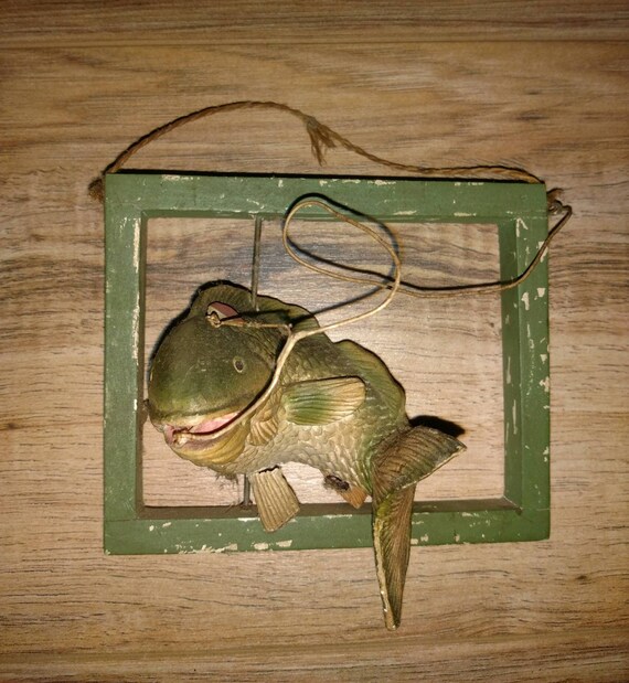 Vintage Bass Fish Ornament With Wood Frame. Rustic Cabin Decor 
