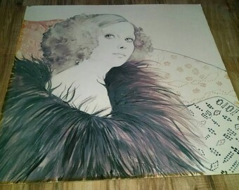 Vintage unsigned print on cardboard of an art deco glamorous woman, flapper 22 x 22