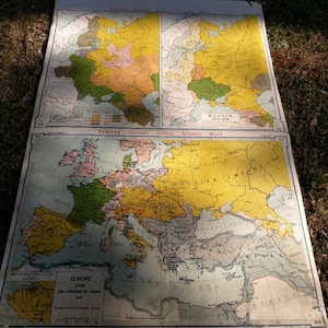 May include: Vintage map of Europe after the Congress of Vienna, 1815, and Russia from 1914-1919. The map is printed on aged paper with a detailed depiction of political boundaries and geographical features. Published by Denoyer-Geppert Co., Chicago.