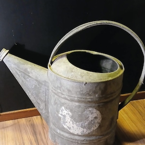 May include: A galvanized metal watering can with a curved handle and a spout. The can features a faded white rooster design on the side. The watering can is designed for gardening and is made of metal.
