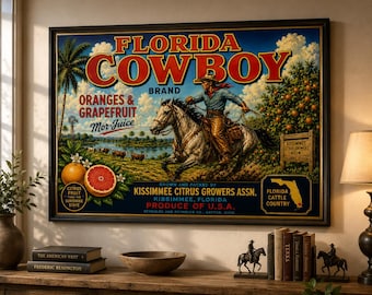 Florida Cowboy Vintage Citrus Crate Label Art Print | Western Florida Ranch Poster | Orange Grove Wall Decor | Kissimmee Heritage | Vintique