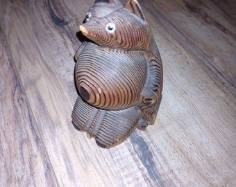 Vintage Cryptomeria hand carved wood Tanuki figurine