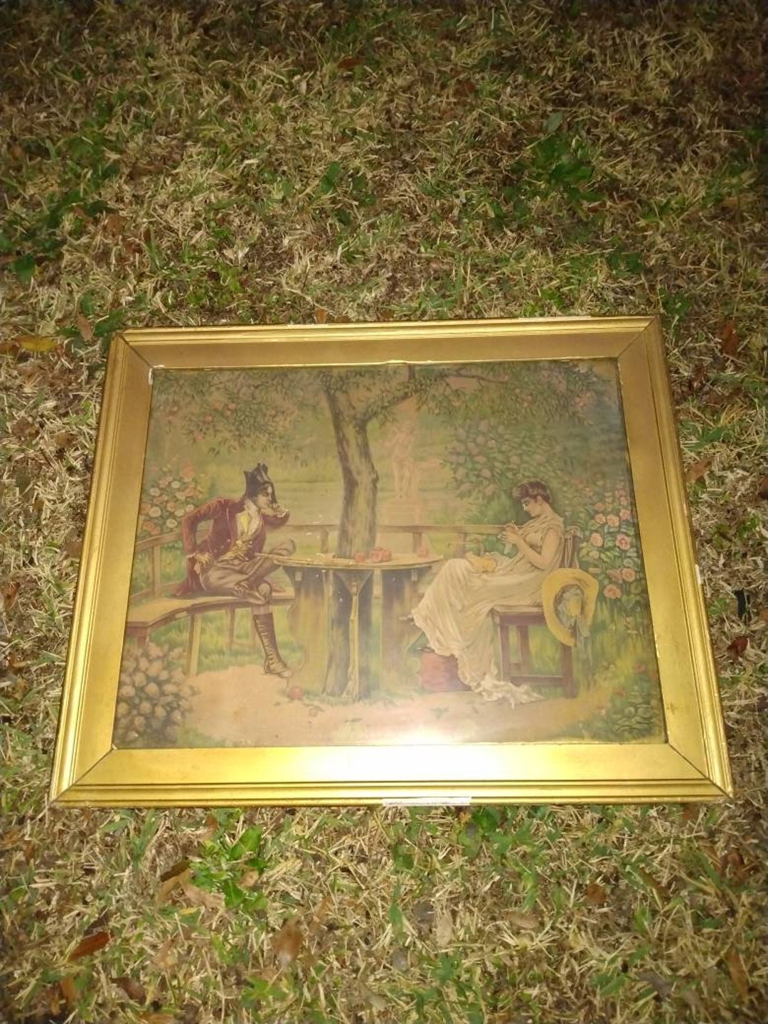 Antique Victorian Hand Colored Print Courting Couple Garden - Etsy