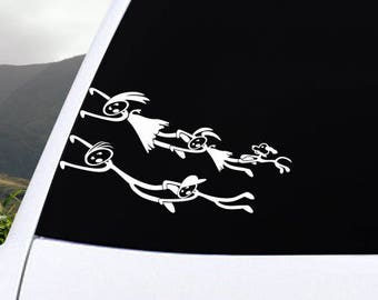 funny stick figure car decal, dad, mom, son, daughter and dog, stick family hanging on window sticker, unique stick figure viny decal humor