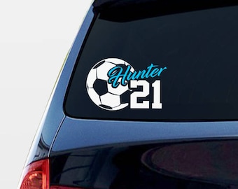 Soccer decal with name and number, childs soccer ball sticker, personalized kids soccer team car decal, soccer mom window graphic