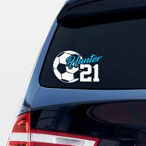 Soccer decal with name and number, childs soccer ball sticker, personalized kids soccer team car decal, soccer mom window graphic