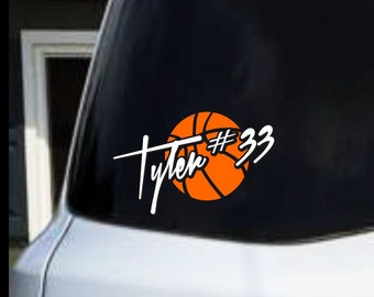 basketball decal, sports decal, car vinyls, window vinyl decal/sticker/graphic "basketball decal with childs name and number " computer cut