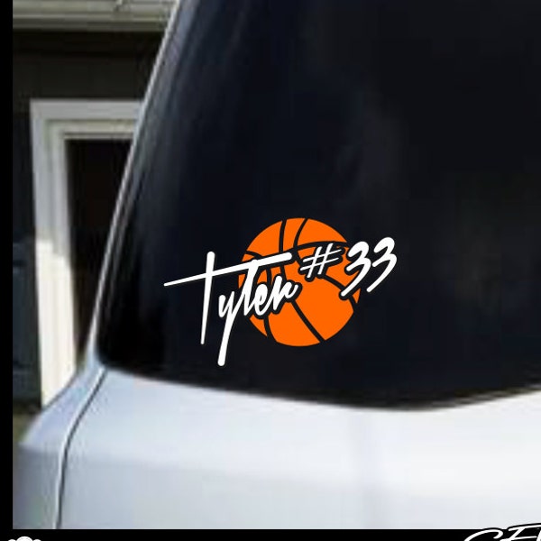 basketball decal, sports decal, car vinyls, window vinyl decal/sticker/graphic "basketball decal with childs name and number " computer cut