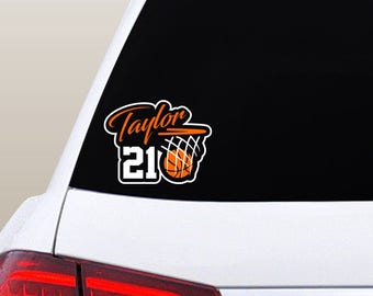 basketball decal car vinyl with childs name and number, basketball window sticker, custom kids sports vinyl decal, high school basketball