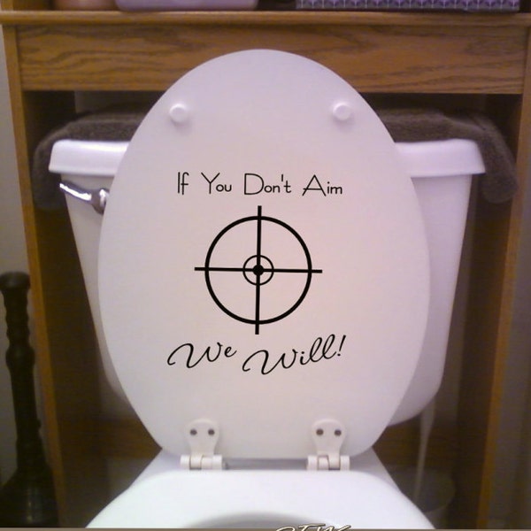 toilet decal please aim, funny toilet seat scope graphic, hunting theme decal for toilet, humor bathroom decal for guys, men, lift the seat