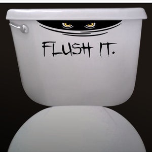 toilet decal, creepy Halloween decal, please flush bathroom humor, scary eyes sticker Halloween party decoration, toilet seat man cave decor image 1