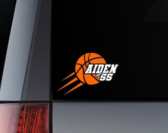 Personalized basketball decal, b-ball car window sticker, basketball team vinyl graphic with childs name and number, custom basketball sign