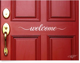 Welcome front door decal, welcome sticker house greeting phrase, welcome to our home door decor, house door saying vinyl decal quote letters
