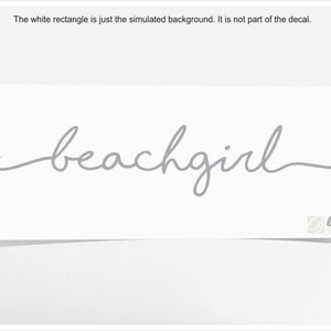 May include: A grey cursive font design with the word "beachgirl" written in a flowing script.