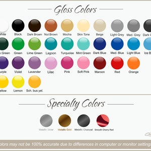 May include: A color chart displaying a variety of gloss and specialty colors. The gloss colors include white, black, and various shades of green, blue, purple, pink, red, orange, and yellow. Specialty colors include metallic silver, gold, charcoal, and cherry red.