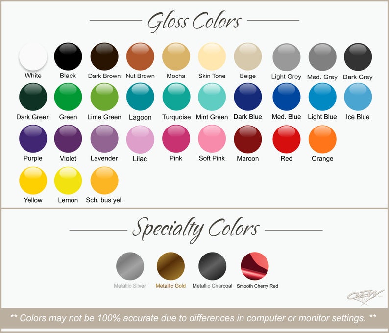 May include: A color chart displaying a variety of gloss and specialty colors. The gloss colors include white, black, and various shades of green, blue, purple, pink, red, orange, and yellow. Specialty colors include metallic silver, gold, charcoal, and cherry red.