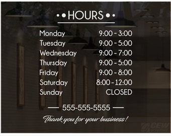 Store hour decal, business hours door sticker, hours of operation decal, custom storefront open and closed sign, shop hours window graphic