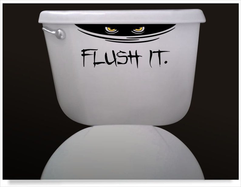 toilet decal, creepy Halloween decal, please flush bathroom humor, scary eyes sticker Halloween party decoration, toilet seat man cave decor image 1