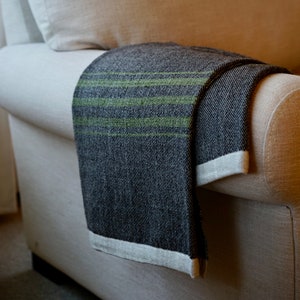 Throw - Handwoven Natural Black Wool Throw with Green Stripes #68/74