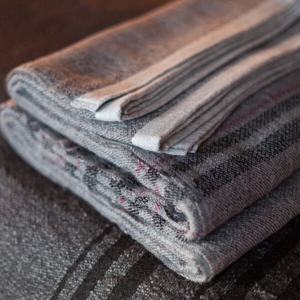 Handwoven Wild Rose Farm Wool Blanket Natural Color Grey with Cranberry and Black Stripes