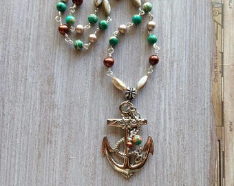 Green Stone Necklace, Nautical, Big Silver Anchor, Brown Pearls, Mother of Pearl, Almond Swarovski Pearl, 13 inches, wire wrapped beads