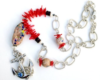 Anchor Pendant Necklace: Red Coral, Ceramic Beads, Nautical Jewelry