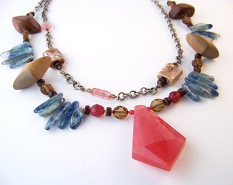 Red Quartz Pendant Necklace: Boho Ceramic Art Bead & Kyanite Jewelry