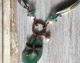 Abalone Choker, Green Agate Slice, Starfish Necklace, Omega Style, Pink Saltwater Pearl, Copper Chain, Natural Materials