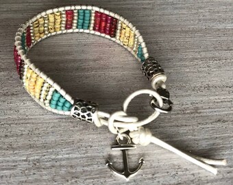 Nautical Leather Wrap Bracelet: Seed Beads & Anchor Charm