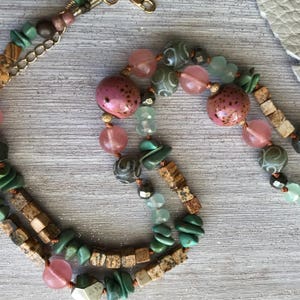 Leather Feather, Hand-Knotted Necklace, New Tribal Style, Natural Turquoise, Natural Materials, and Pink Quartz. image 3