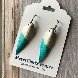 Hypoallergenic earrings, Turquoise leather feather, handcrafted with stainless steel and non allergy french wire, Hand painted and sealed image 1