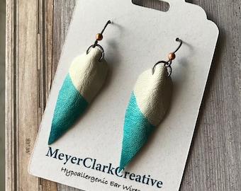Hypoallergenic earrings, Turquoise leather feather, handcrafted with stainless steel and non allergy french wire, Hand painted and sealed