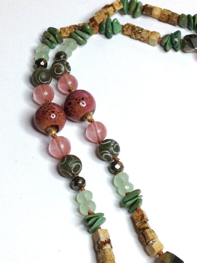 Leather Feather, Hand-Knotted Necklace, New Tribal Style, Natural Turquoise, Natural Materials, and Pink Quartz. image 5