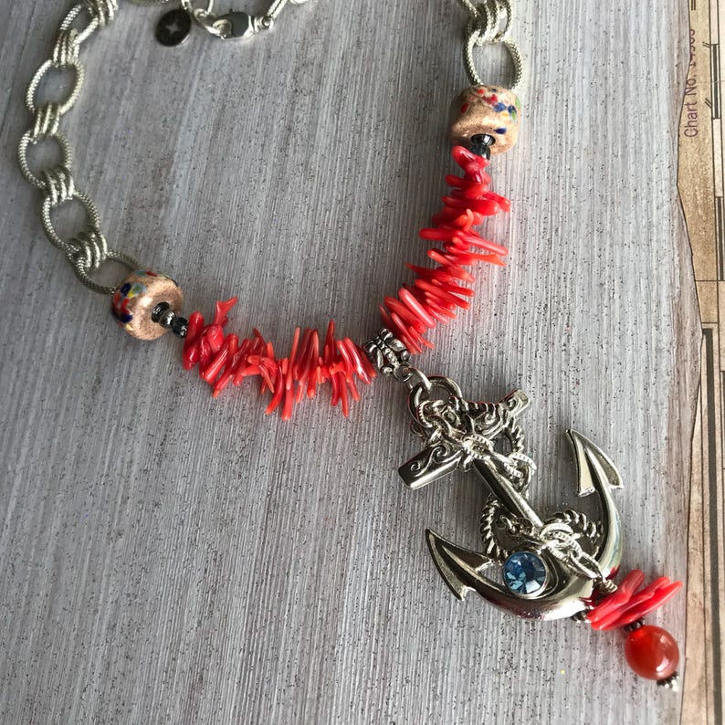 Anchor Necklace Big Anchor Pendant Red Coral Fingers Large Etsy
