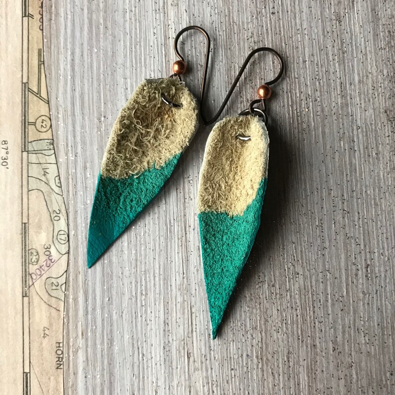 Hypoallergenic earrings, Turquoise leather feather, handcrafted with stainless steel and non allergy french wire, Hand painted and sealed image 4