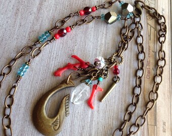 Wood Fishhook Pendant Necklace, Red Coral, Quartz Pendant, Garnet Birthstones, Sea Blue Beads, New Native Style by MeyerClarkCreative.