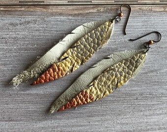 Leather Feather Earrings, Layered Feather, Natural leather, Hypoallergenic ear, Gold metallic foil painted