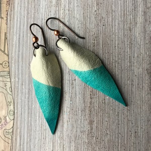 Hypoallergenic earrings, Turquoise leather feather, handcrafted with stainless steel and non allergy french wire, Hand painted and sealed image 2