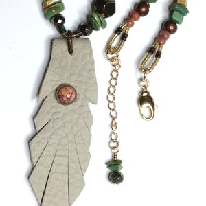 Leather Feather, Hand-Knotted Necklace, New Tribal Style, Natural Turquoise, Natural Materials, and Pink Quartz. image 6