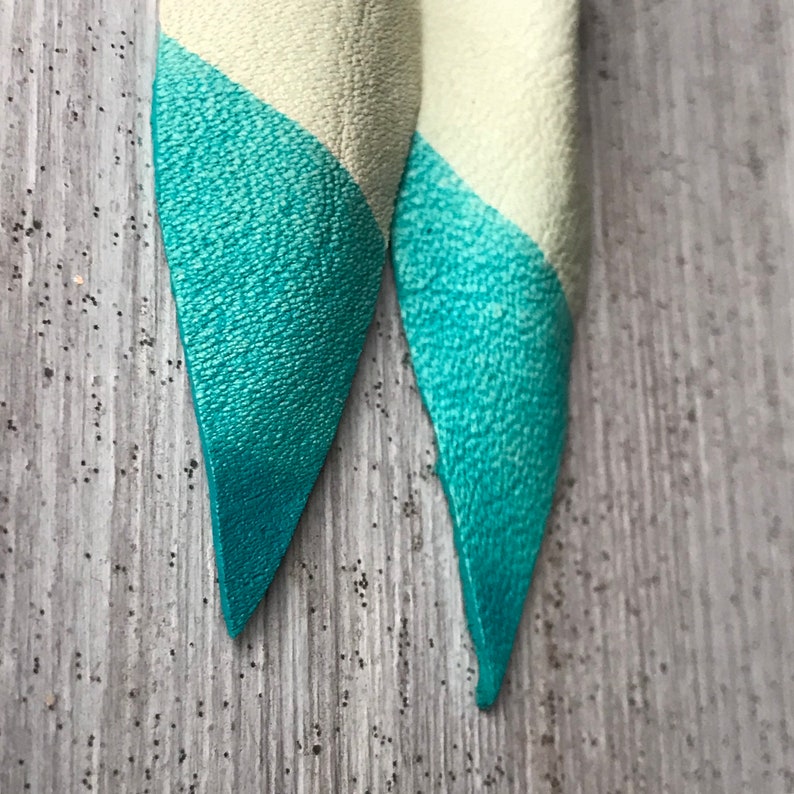 Hypoallergenic earrings, Turquoise leather feather, handcrafted with stainless steel and non allergy french wire, Hand painted and sealed image 3