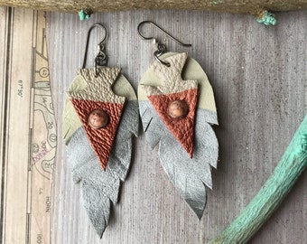 Hypoallergenic, Leather Feather, Statement Earrings, New Native arrowhead, metallic bronze, silver dipped leather, hand painted