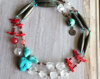 Layered Necklace, Red Coral, Raw Turquoise, New Native, Sparkly Bead Tubes, Quartz Gemstones, Art Fair Jewelry