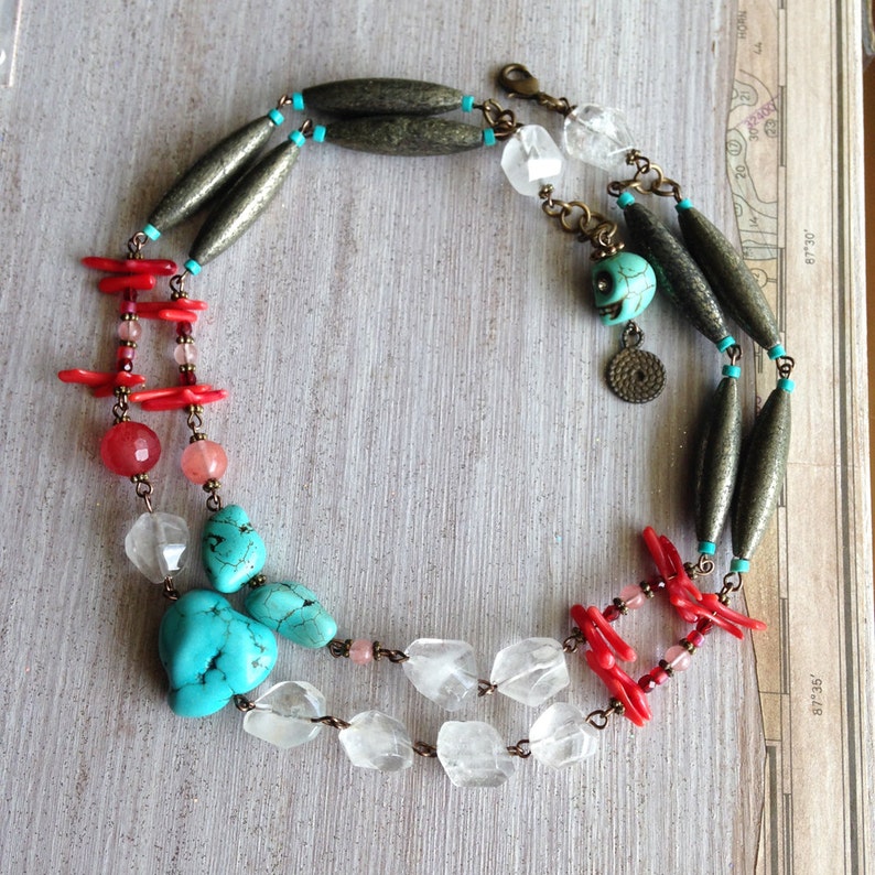 Boho Layered Necklace Red Coral Genuine Turquoise New image 0