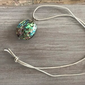 Natural Abalone Shell Necklace, White Leather Cord, Rainbow, Double Sided, Paua Shell, Abalone Pendant image 2