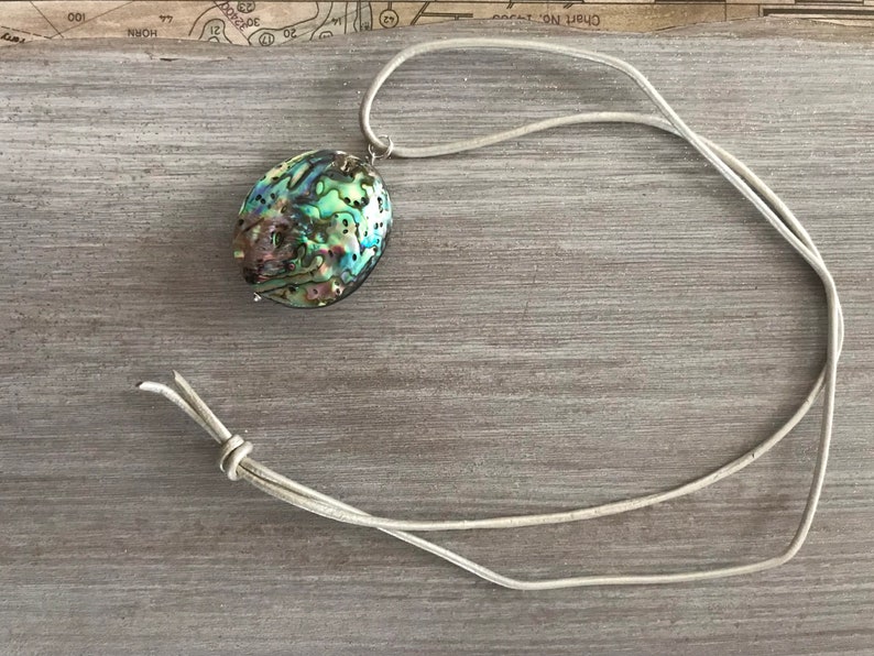 Natural Abalone Shell Necklace, White Leather Cord, Rainbow, Double Sided, Paua Shell, Abalone Pendant image 2