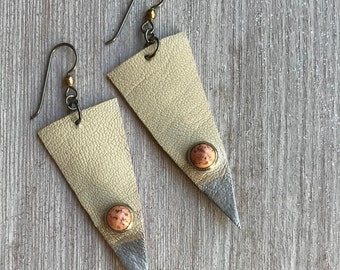 Leather Earrings, Geometric earrings, Hypoallergenic ear wire, Natural beige leather, Metallic silver painted, Southwestern