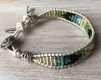 Seed Bead, Chevron Bracelet, Southwest, Silver Clasp, White Leather, Blue and Green, Impressive, Jewelry, Made in the USA