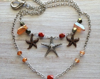 Starfish Charm Necklace: Peach Quartz Points, Red Gemstone, Sea Inspired